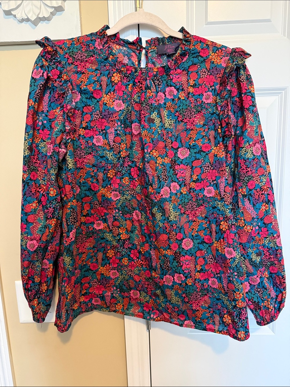 J.Crew Liberty Floral Ruffle Yoke Long-Sleeve Blouse - Pink/Green